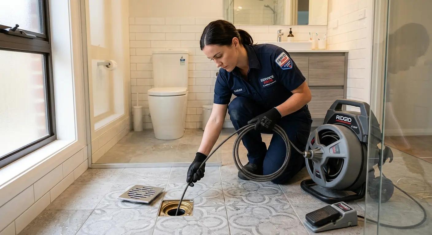 Technician clearing a bathroom floor drain for Sewer Line Installation in Jackson